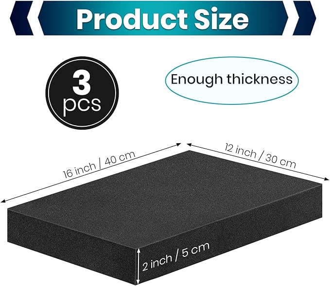 3 Pcs 16 x 12 x 2 Inches Foam Inserts for Cases - Polyurethane Foam Packing Foam Black Craft Foam Sheets for Packing Padding 2 Inch Thick for Camera Toolbox Storage