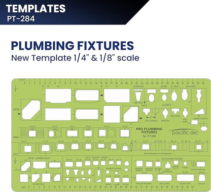 Pacific Arc, Plumbing Fixtures Template, 1/4 & 1/8 Scale. Drawing aid Stencil for Professional or School Work. Size 3.5 x 6 inch.