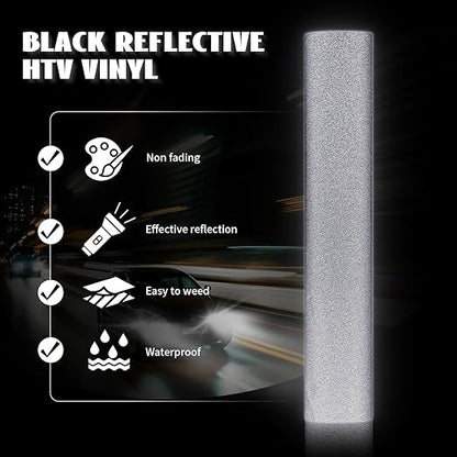 GIRAFVINYL Black Reflective Vinyl - 12" x 7' Iron on HTV for T-Shirt, Easy to Weed Heat Transfer Vinyl