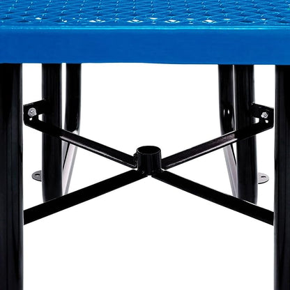 Global Industrial 46" Square Picnic Table, Expanded Metal, Blue Thermoplastic Coating, Attached Benches, 1-1/2” Umbrella Pole Hole, Outdoor-Rated, 1000 lb Capacity