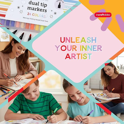 Incraftables Dual Tip Markers (24 Colors) – Adult Coloring, Brush Tip & Fine Tip Markers for Adult Coloring Books, No Bleed Dual Brush for Kids & Adults