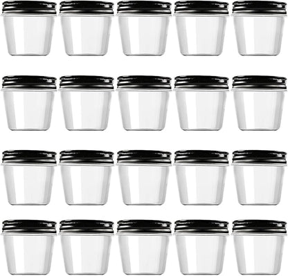 Novelinks 4 oz Clear Plastic Jars with Black Lids – Small Round Reusable Containers for Food, Spices, Crafts, Travel – BPA-Free Storage Jars for Kitchen & Household Organization, 20 Pack