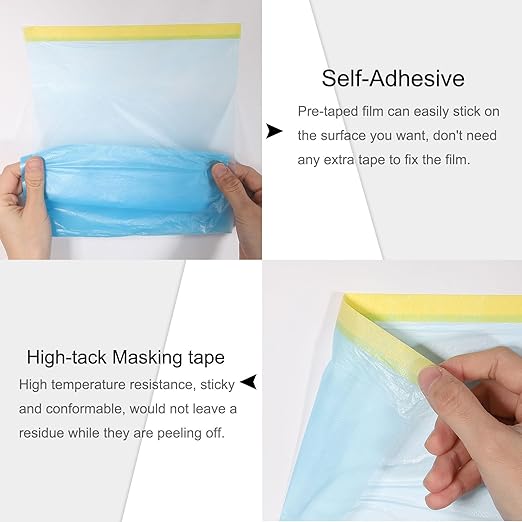 uxcell Pre-Taped Masking Film, 1.8ft x 82ft Plastic Paint Drop Cloth with Medium-Tack Painters Tape for Painting Spraying Protection Blue Film 6Pcs
