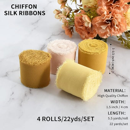 TONIFUL 4 Rolls Silk Chiffon Ribbon, 1-1/2 Inch x 22yds, Gold Chiffon Ribbons Set, Handmade Fringe Silk Ribbon for Gift Wrapping Bridal Bouquets Wedding Invitations Decoration Crafts