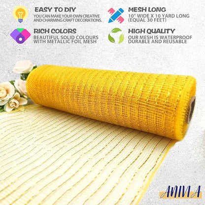 Anivia Deco Mesh Ribbon, 10inch x 30 Feet Each Roll Metallic Foil Mesh Ribbon for Wreaths Swags, Holloween, and Christmas Tree Decoration (Gold/Gold Foil)