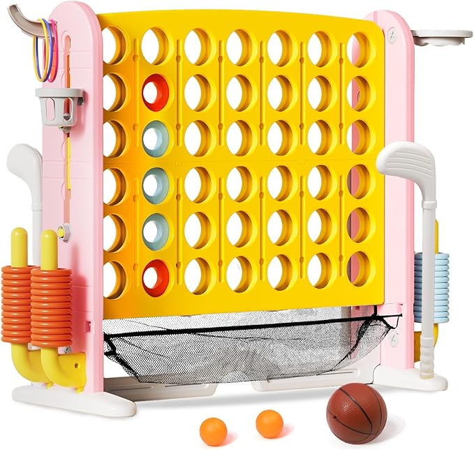 Ancaixin Giant 4 in-A-Row Connect Game Set, Adjustable Height Jumbo Yard Game with Basketball Hoop, Golf, Mesh Pocket & Ring Toss, Indoor Outdoor Family Backyard Party Game for Kids and Adults, Yellow