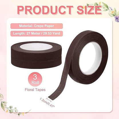 MECCANIXITY 3 Rolls Floral Tapes, 30 Yard x 1/16 in Florist Crepe Flowers Bouquets Tape Adhesive Waterproof for Flower Arranging Wrapping, Red Brown