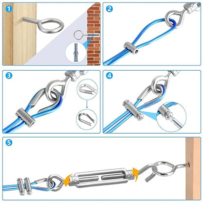 Turnbuckles for Cables Wire, 1/8" X 100Ft Blue PVC Coated Wire Rope Kit, Multi-use Steel Cable for Grape Vines/Clothes Line Outdoors for T Post/String Light Hanging/Garden Wire