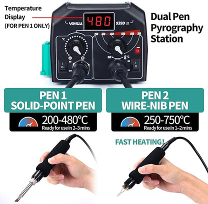 YIHUA 939D-II Pyrography Pen Wood Burning Kit Station 2-in-1 Solid-Point 200~480°C (with Temp Display)/Wire-Nib 250~750°C with 20 Nibs, Solid Points, 1 Stable Pen Holder, 2 Scrap Wood (Green)