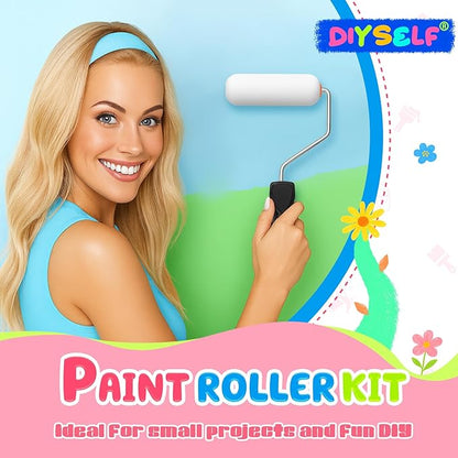 DIYSELF Paint Roller Kit - Foam Paint Roller 4 inch, Small Roller Paint Brush, Mini Rollers for Painting, Walls, Cabinets, Doors, House Painting Supplies, Professional Paint Roller Tray Set (10 Pack)