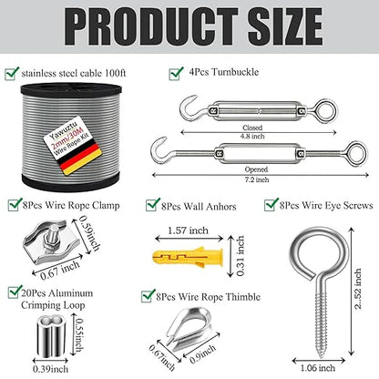 1/16 Inch Stainless Steel Cable 100FT with M5 Turnbuckle - 304 SS Wire Rope Kit for Outdoor Sun Shade, Garden, Deck (1/16" 100FT Wire Rope Kit)