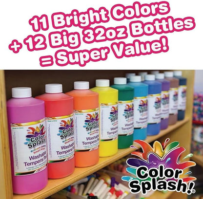 S&S Worldwide Color Splash! Liquid Tempera Bulk Paint, Set of 12 in 11 Bright Colors, 32-oz Easy-Pour Bottles, Great for Arts & Crafts, School, Classroom, Poster Paint, For Kids & Adults, Non-Toxic.