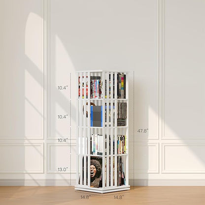 XIMN 360° Rotating Bamboo CD/DVD Shelf - 6-Tier Space-Saving Media Storage Cabinet for Movies, Organizer with Super Compact Design (White, 4 Tier)