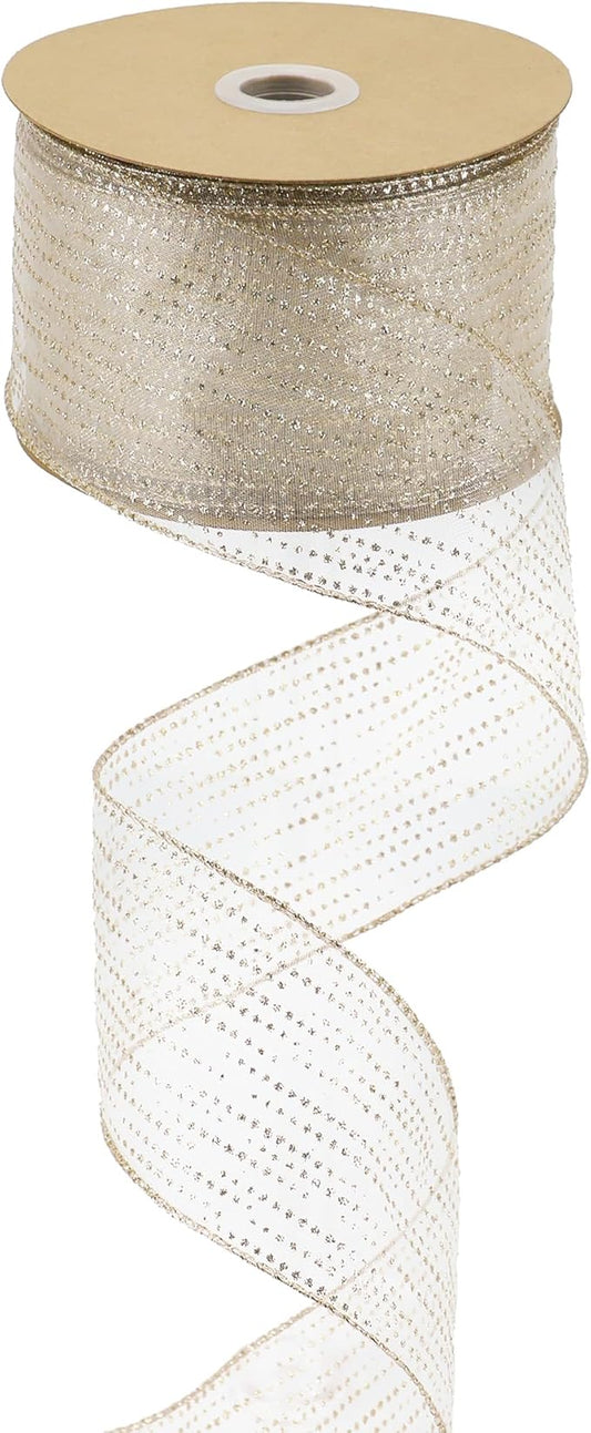 MEEDEE Champagne Gold Wired Ribbon - 2.5 Inch Horizontal Stripes Polka Dot Christmas Ribbon Organza Sheer Glitter - 25 Yards for Christmas Tree, Wreath Bow