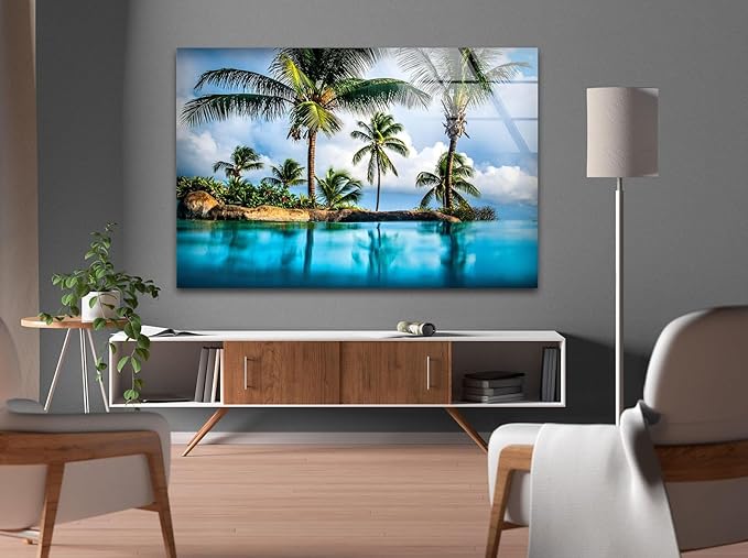 My Photostation.com Round 24'' Island & Blue Sea Glass Wall ArtTempered Glass Printing Wall Decor Large Wall Art Wall Hangings