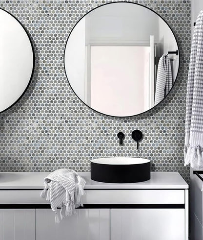 Mixed Gray Penny Round Mosaic Glass Tile – 12.2 x 12.2 Inch - 10 Sheet Pack - Luxurious Design for Bathroom Walls, Kitchen Backsplash, Shower Walls - Elegant Wall Decor - NOT Peel and Stick Tile