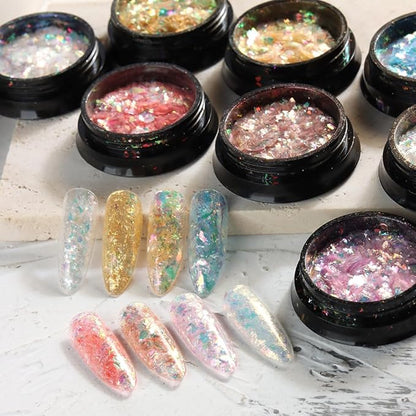Holographic Mermaid Nail Art Glitter Iridescent Flakes, 8 Colors Aurora Irregular Ice Slag Opal Nail Foil Flakes Ultra-Thin Paillettes Glitter Sequins for Gel Polish Nail Art Decoration, Resin Craft