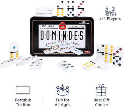 Double Six Dominoes Set with Tin Box - 28 Color Double 6 Domino Tiles for Kids & Adults, Classic Family Board Games for 2-4 Players, Travel, Party