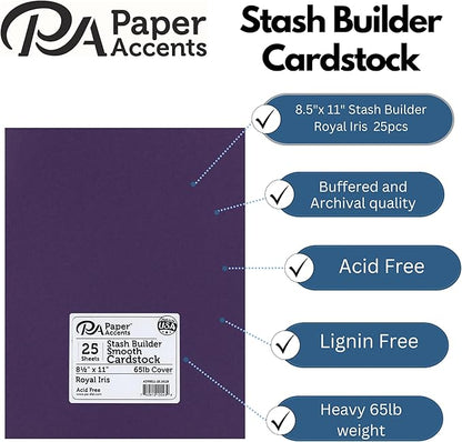 PA Paper Accents Stash Builder Cardstock 8.5" x 11" Royal Iris, 65lb colored cardstock paper for card making, scrapbooking, printing, quilling and crafts, 25 piece pack