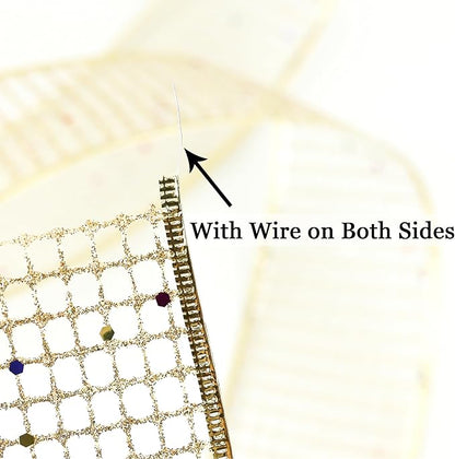 MEEDEE Champagne Gold Glitter Ribbon - 2.5 Inch Square Mesh Net Wired Ribbon with Rainbow Sparkle for Christmas Tree Decoration, Wreath Bow Making (25 Yards)