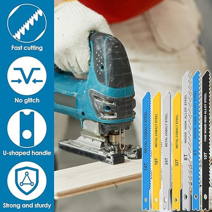 54Pcs Jig Saw Blade Set High Carbon Steel Assorted Saw Blades with U-Shank Sharp Fast Cut Down Jigsaw Blade Woodworking Tool for Wood Metal Plastic Cutting