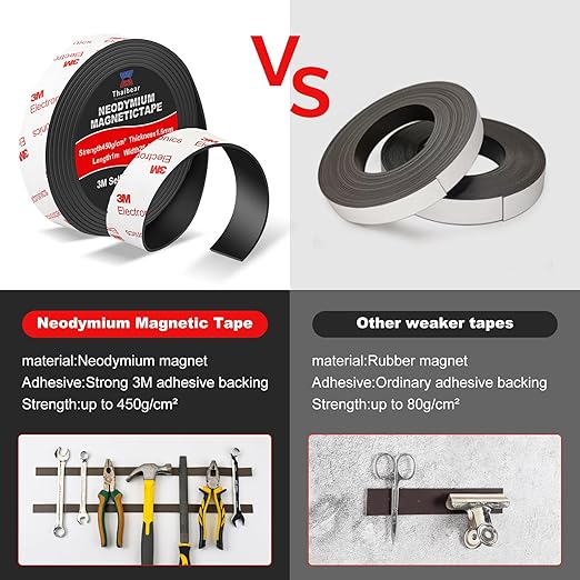 Neodymium Magnetic Tape, Flexible Magnet Tape Strips Roll (1'' Wide x 3.3 ft Long) with Strong 3M Adhesive Backing, Magnetic Strips Heavy Duty Perfect for Wall, DIY, Art Projects & Fridge
