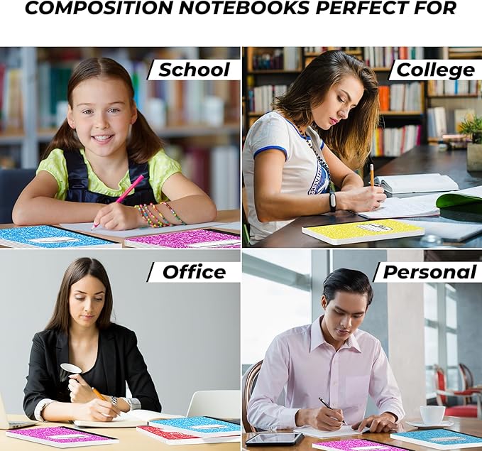 Rosmonde 50 Pack Bulk Composition Notebooks, Wide Ruled, 200 Pages (100 Sheets), 9-3/4 x 7-1/2, Hard Cover, Bulk School Supplies, Assorted Colors Marble Composition Journal, Bulk Notebooks for School