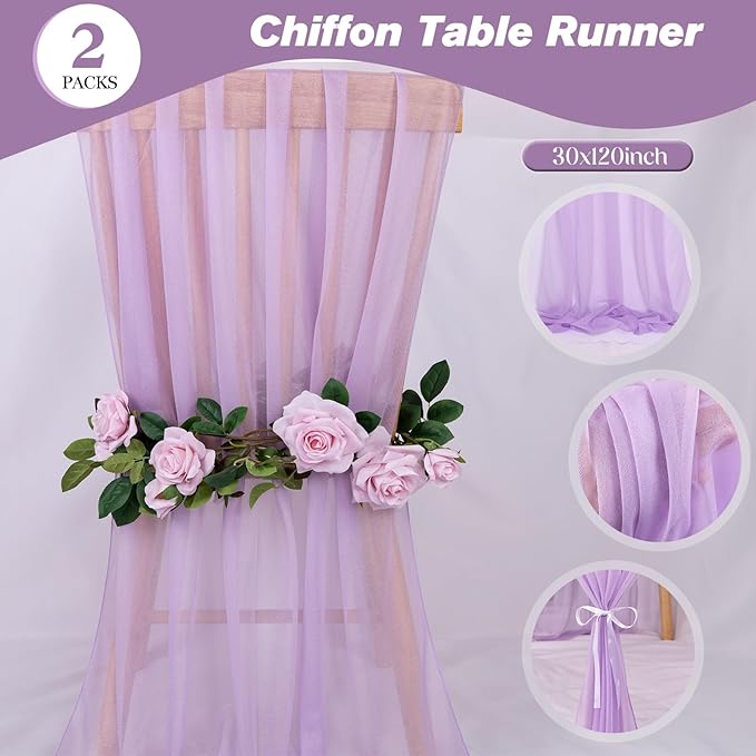 2 Packs Lavender Chiffon Table Runner 30 x 120 Inches Romantic Sheer Fabric for Wedding Decorations, 10ft Baby Shower and Birthday Party Cake Table Decorations