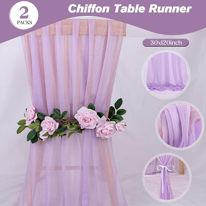 2 Packs Lavender Chiffon Table Runner 30 x 120 Inches Romantic Sheer Fabric for Wedding Decorations, 10ft Baby Shower and Birthday Party Cake Table Decorations