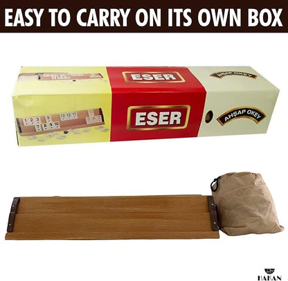 Hakan Turkish Okey Game Rummy Cube Game Rummy Cube Set with 4 Straight Wooden Racks Tile Holder and 106 Melamine Tiles Stones in Pouch