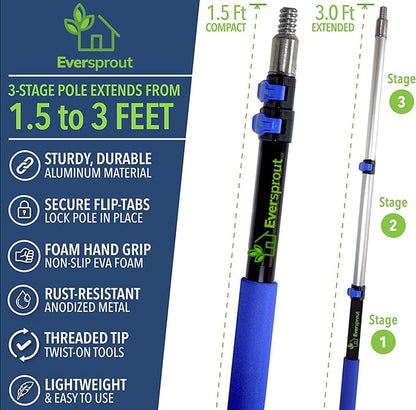 EVERSPROUT 1.5-to-3 Foot Telescopic Extension Pole | Lightweight Sturdy Aluminum Handle | Easy to Use Flip-Tab Lock Mechanism | Twist-On Metal Tip Works for Squeegee, Duster, Paint Roller (Pole only)
