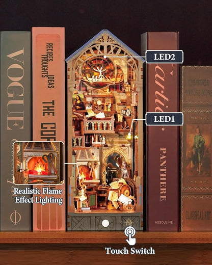 Tonecheer DIY Book Nook Kit for Adults, 3D Puzzle Wooden Miniature House Kit, Booknook Dollhouse Bookshelf Insert Decor Bookend with Dust Cover and LED Lights Gifts (Leonardo da Vinci)