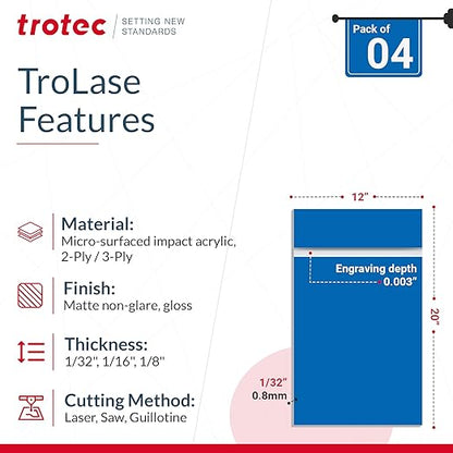 Trotec TroLase | 12"x20"x1/8", 4 Pcs | White/Black | 2 Ply | Modified Acrylic | Laser Engraving Double Color Plastic Sheet | Engraving Blanks for Laser, Saw, Guillotine | Made in USA