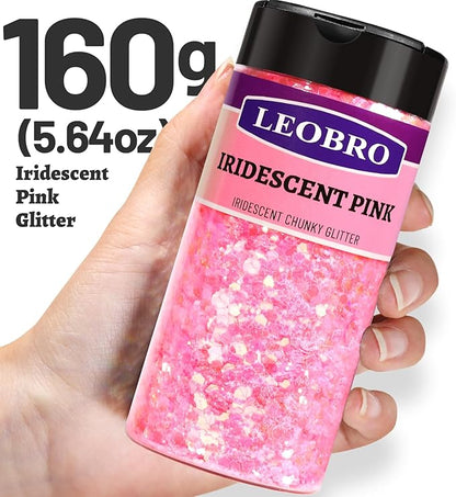 LEOBRO Pink Glitter, 160g/5.64oz Pink Chunky Glitter for Crafts, Resin, Body Nail, DIY Decorations, Iridescent Pink
