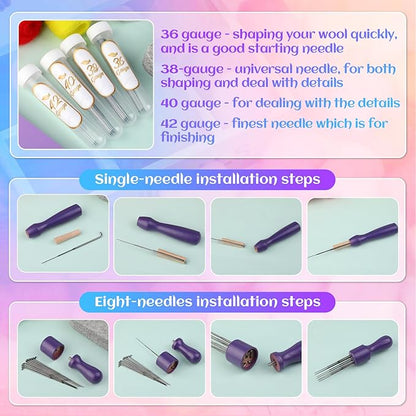 Mayboos Needle Felting Kit, 50 Colors Wool Roving Set, Needle Felting Starter Kit for Beginners with Wool Felting Tool Mat Needle Felting Supplies for DIY Crafts Home Decoration