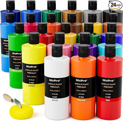 Nicpro 24 Colors Large Bulk Acrylic Paint Set (16.9 oz/500 ml), Rich Pigments Non Toxic, Bulk Painting Supplies for Artist Beginners on Canvas, Wood, Rock, Glass, Ceramic, Crafts with Color Wheel