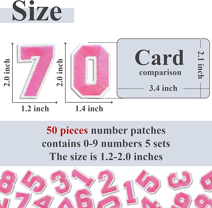 Number Iron On Patches, Numbers 0-9 Embroidery Applique Patch, DIY Decorative Heat Press Patches for Clothing Jeans Jackets Backpacks Hats (Pink 50 Pcs)