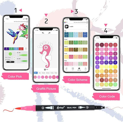 100 Colors Numbered Dual Tip Brush Pens with Free App, Fine and Brush Tips Pens for Adults and Kids, Coloring Markers for Coloring Book Bullet Journaling Note Taking Planner Hand Lettering