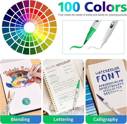 Markers for Adult Coloring, 100 colors Dual Brush Pens Art Coloring Pens with Fine Tip and Brush Tip for Adult Kids Drawing Lettering Calligraphy (White Set)