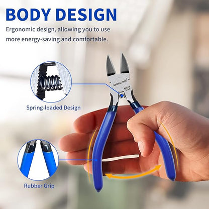 Wire Cutters 5", 5 Pack KAIHAOWIN Precision Flush Cutters Ultra Sharp Wire Cutters for Crafting Side Cutters Wire Snips Spring Loaded Dikes Wire Cutter for Jewelry Making, Blue with Black Handle