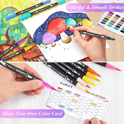 Caliart 34 Double Tip Brush Pens Art Markers, Artist Fine & Brush Pen Coloring Markers for Adult Book Cards Drawing Craft Kit Teacher Office Supplies