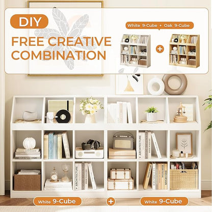 9-Cube Wooden Storage Bookcase - 11-Inch Open Shelf Cabinet, Simple Modern Bookshelf Organizer for Home Office, Living Room, White