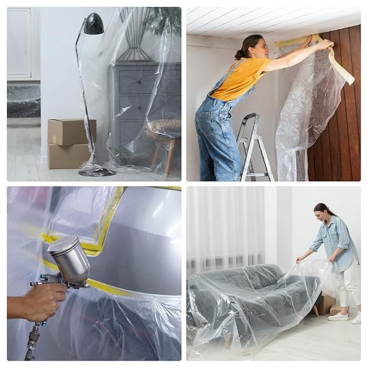 HARFINGTON 3 Rolls Pre-Taped Masking Film 43.3" x32.8ft Double Adhesive Tape and Drape Painters Plastic Drop Cloth Film with Tape Plastic Sheeting for Automotive Painting Covering