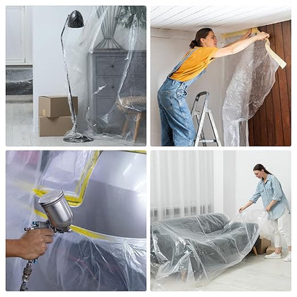 HARFINGTON 3 Rolls Pre-Taped Masking Film 157.5" x65.6ft Double Adhesive Tape and Drape Painters Plastic Drop Cloth Film with Tape Plastic Sheeting for Automotive Painting Covering