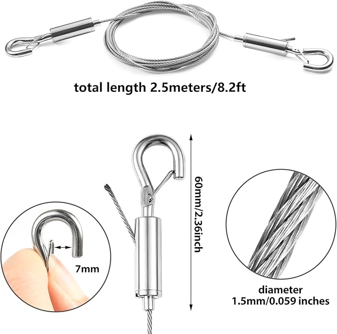4PCS Picture Hanging Wire Kit Supports 66lbs,Hanging System with Adjustable Photo Hook and 2.5m x1.5mm Stainless Steel Wire Rope for Hanging Frame Picture Photo Mirror Artwork Light Flowerpot
