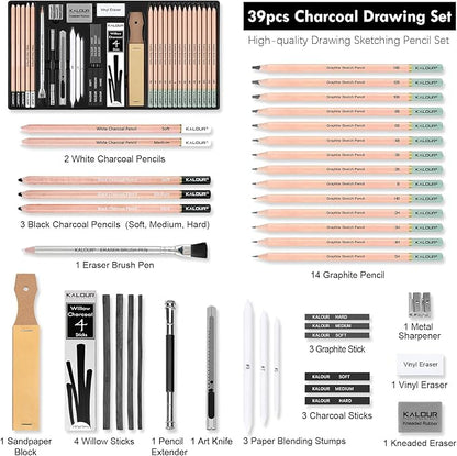 39pcs Drawing Pencil Set, Professional Sketch Pencils (5H-14B), Black and White Charcoal Pencils for Sketching, Eraser Brush Pen, Charcoal Sticks, Art Pencils Set for Artists & Beginners