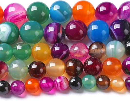 10MM Natural Stone Colorful Stripe Agate Energy Healing Beads Round Loose Beads for Jewelry Making Bracelet 72pcs 2 Strands 32"