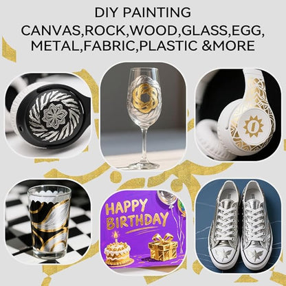 TRANSON 3 Gold, 3 Silver, 1 Black and 1 White Paint Markers Brush and Fine Dual-tip Acrylic Paint Marker Set for Rock Painting Glass Canvas Wood Leather Ceramic Painting