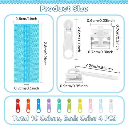 DOITEM 31 Yards 10 Pieces Sewing Zippers #3 Nylon Coil Zippers Assorted Zipper for Sewing with 40 Zipper Sliders for Tailor Sewing Crafts Supplies, 10 Color