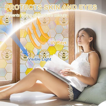 3D Stained Glass Window Privacy Film, Heat Control UV Blocking Static Cling Decorative Window Film for Bathroom,Front Door,Home Non Adhesive,35.4 x 78.7 inches Honey